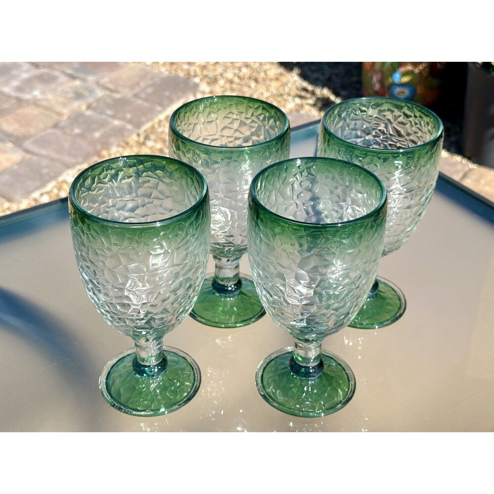 4 Libbey Crackle Pattern Texture Frost Juniper Green Rim Water Goblets Christmas